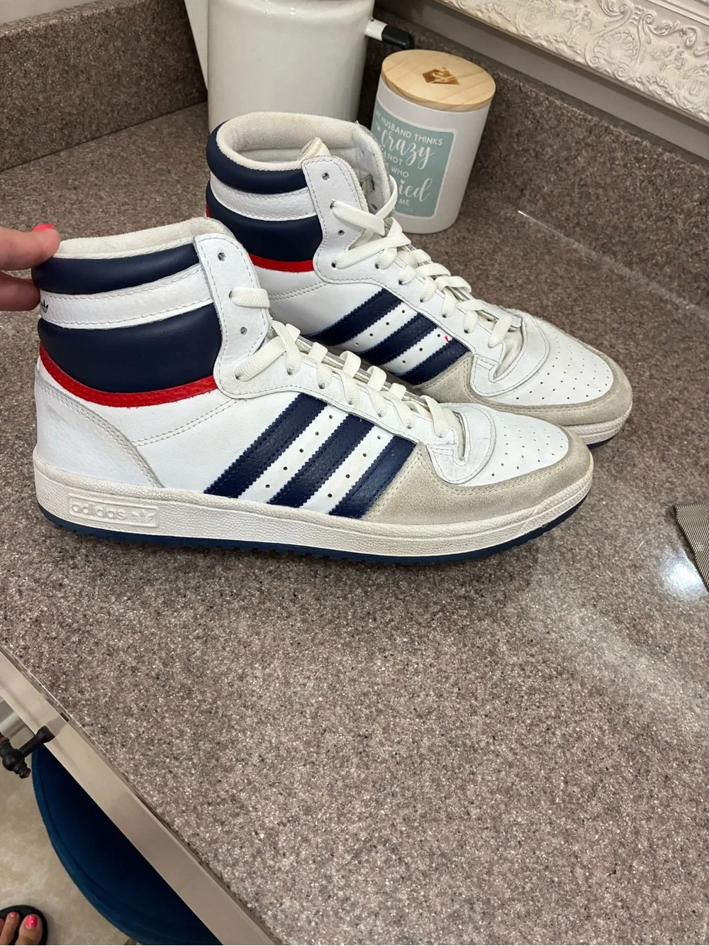 adidas High-Top Sneakers in White, Navy & Red
